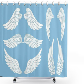 Personality  Set Of Hand Drawn Bird Or Angel Wings Of Different Shape In Open Position. Doodle Wings White Silhouettes Set. Shower Curtains