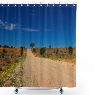 Personality  Desolated Road Through The Kalahari Dunes With Yellow Flowers Shower Curtains