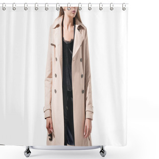 Personality  Girl In Classic Trench Coat Shower Curtains
