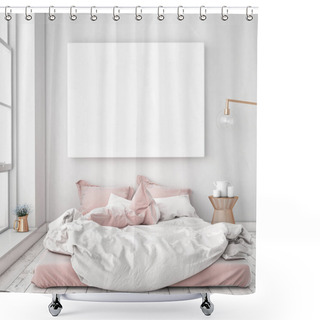 Personality  Mock Up Poster Frame In Hipster Bedromm Interior Background, Scandinavian Style, 3D Render Shower Curtains