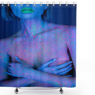 Personality  Cropped View Of Nude Woman With Green Neon Lips And Bright Paint Splashes On Body Covering Breast Isolated On Dark Blue Shower Curtains
