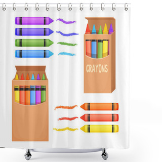Personality  Set Wax Crayons In Carton Box And With Brush Stroke In Cartoon Style Isolated On White Background. Preschool Palette, Pencils For Education. Vector Illustration Shower Curtains