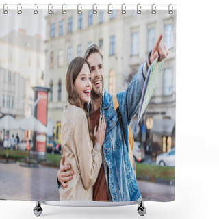Personality  Man Smiling, Holding Map, Pointing With Finger And Hugging Happy Woman In City Shower Curtains