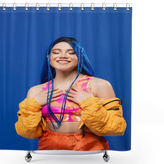 Personality  Fashion Trends, Dyed Hair, Happy Female Model With Blue Hair Posing In Puffer Jacket On Blue Background, Vibrant Color, Urban Fashion, Individualism, Young Woman Smiling With Closed Eyes Shower Curtains