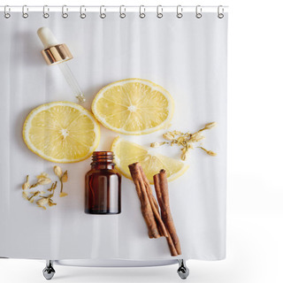 Personality  Top View Of Bottle Of Cosmetic Oil With Dropper, Slices Of Lemon, Sticks Of Cinnamon And Vanilla Buds On White Background Shower Curtains