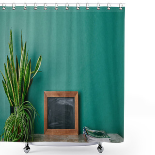Personality  Plants In Flowerpots, Magazines And Empty Photo Frame On Table Green Background Shower Curtains