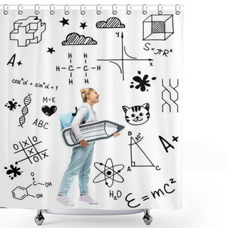 Personality  Child With Backpack Holding Paper Pencil Near Math Illustration On White  Shower Curtains
