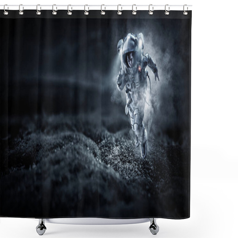 Personality  Spaceman Running Fast. Mixed Media Shower Curtains