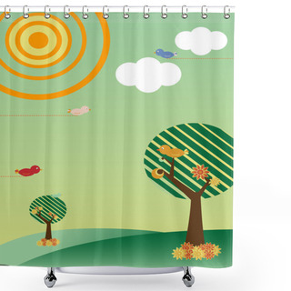 Personality  Retro Landscape With Trees And Birds Season Spring Shower Curtains