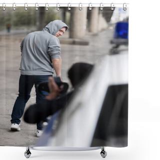Personality  Policeman Looking On Hooded Young Man Walking Away On Street Out Of Window Shower Curtains