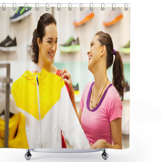 Personality  Two Young Women Shopping For Sportswear In Mall Shower Curtains
