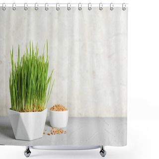Personality  Ceramic Bowl With Sprouted Wheat Grass Seeds On Table Against Light Background, Space For Text Shower Curtains