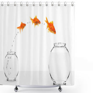 Personality  Three Goldfishes Jumping From Small To Bigger Bowl Shower Curtains
