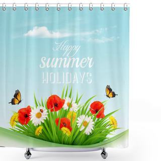 Personality  Summer Holiday Background With A Green Grass And Flowers And But Shower Curtains