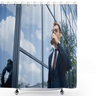 Personality  Businessman In Glasses Drinking Coffee To Go Near Building With Glass Facade  Shower Curtains