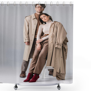 Personality  Full Length View Of Young Couple In Trendy Autumn Clothes Looking At Camera On Grey Shower Curtains