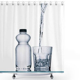 Personality  Plastic Bottle And Water Pouring Into Glass Isolated On White Shower Curtains