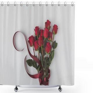 Personality  Top View Of Beautiful Red Roses With Ribbon Isolated On White, St Valentines Day Concept Shower Curtains