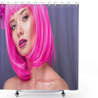 Personality  Attractive Young Woman With Pink Bob Cut Looking At Camera Isolated On Violet Shower Curtains