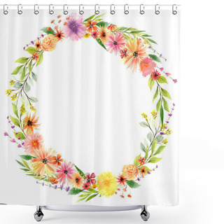 Personality  Watercolor Floral Wreath With Roses, Daisies And Hollyhocks In Vibrant Colors Shower Curtains