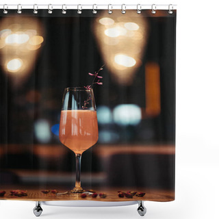 Personality  Selective Focus Of Pink Alcoholic Cocktail Decorated With Dry Flowers On Dark Background Shower Curtains