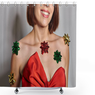 Personality  Happy New Year, Joyful Woman In Red Attire With Bows All Over Her Body Smiling On Grey Backdrop Shower Curtains