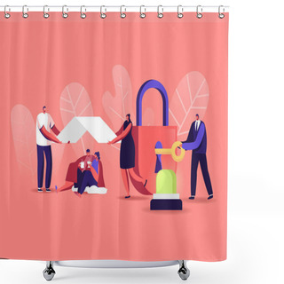 Personality  Security Concept. Male And Female Characters Drinking Coffee Sitting Under Roof, Tiny Man Closing Huge Lock With Key, Signaling. Home And Life Protection, Safety. Cartoon People Vector Illustration Shower Curtains