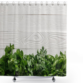 Personality  Top View Of Green Basil, Cilantro, Parsley And Peppermint Bundles On White White Wooden Surface Shower Curtains