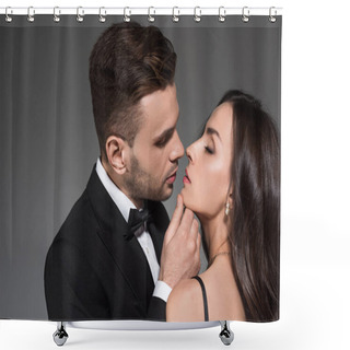 Personality  Young Tender Man Kissing Beautiful Girlfriend With Closed Eyes Isolated On Grey  Shower Curtains