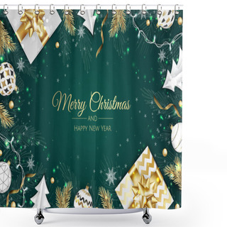 Personality  Christmas Vector Background. Creative Design Greeting Card, Banner, Poster. Top View Gift Box, Xmas Decoration Balls And Snowflakes. Shower Curtains