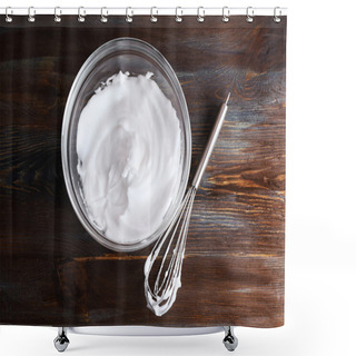 Personality  Whipped Egg Whites For Cream On Wooden Table, Top View Shower Curtains