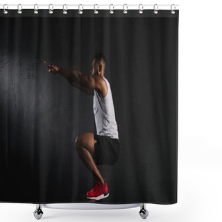 Personality  Side View Of Young African American Sportsman Squatting On Black Shower Curtains
