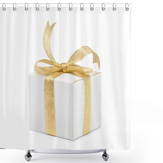 Personality  Gift Box With Golden Ribbon Bow On White Background Shower Curtains