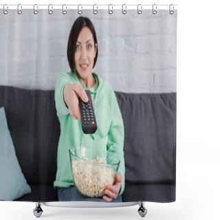 Personality  Remote Controller In Hand Of Smiling Woman With Popcorn On Couch On Blurred Background  Shower Curtains