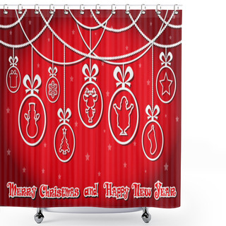 Personality  Vector Banner Christmas Balls With Silhouette Santa Claus, Snowman, Christmas Tree, Gift Sock, Snowflakes, Deer, Star, Present Box And Hand Drawn Text Merry Christmas And Happy New Year Shower Curtains