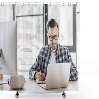 Personality  Handsome Young Programmer In Eyeglasses Taking Notes While Working With Laptop And Desktop Computer Shower Curtains