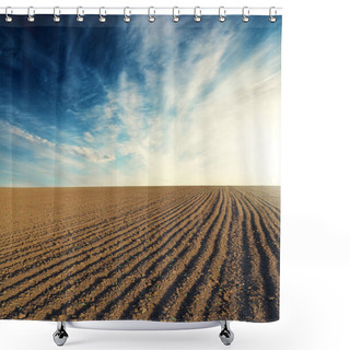 Personality  Black Plowed Field And Sunset In Blue Sky With Clouds Shower Curtains