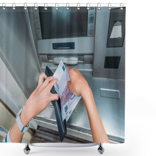 Personality  Top View Of Woman Putting Money In Wallet Near Atm Machine  Shower Curtains