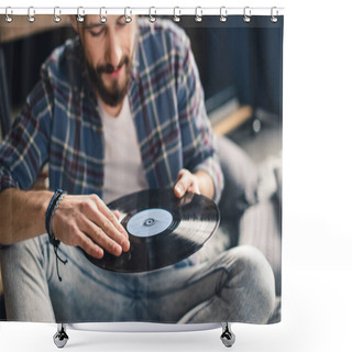 Personality  Man Holding Vinyl Record  Shower Curtains
