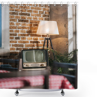 Personality  Vintage Tv With Blank Screen In 1950s Style Interior Shower Curtains