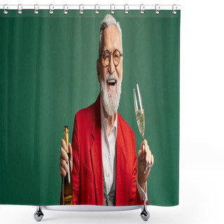 Personality  Classy Joyful Santa Claus Enjoying Champagne And Smiling At Camera, Winter Concept, Banner Shower Curtains