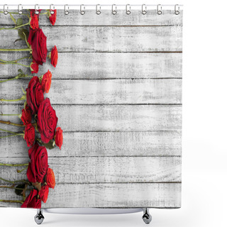 Personality  Top View Of Beautiful Red Roses On Grungy Grey Wooden Table With Copy Space Shower Curtains