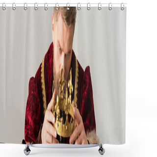 Personality  Panoramic Shot Of King Holding Crown Isolated On Grey Shower Curtains