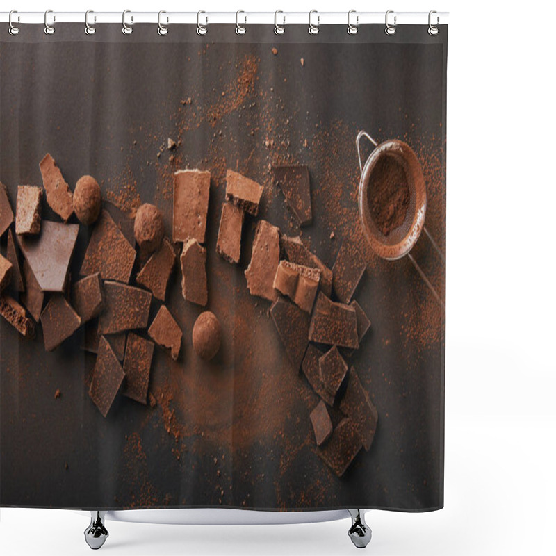 Personality  top view of arrangement of various types of chocolate, truffles and sieve with cocoa powder shower curtains