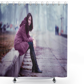 Personality  Sad Young Woman Sitting Outdoors Shower Curtains