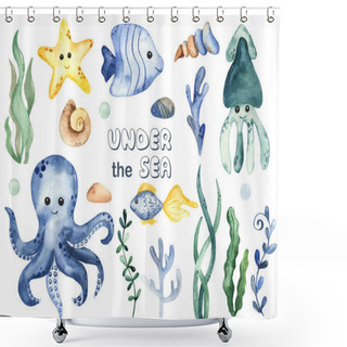 Personality  Underwater Creatures Squid, Octopus, Starfish, Corals, Algae, Shells. Watercolor Hand Drawn Clipart Shower Curtains