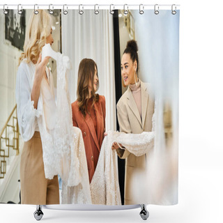 Personality  Two Women, A Mother And Best Friend, Admire A Beautiful Wedding Dress On A Mannequin While Shopping With A Young Bride. Shower Curtains