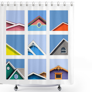 Personality  Collage Of The Colourful Houses Of The Magdalen Islands, Or Les Iles De La Madeleine In Canada. The Traditional Houses Are Painted Wood Or Shingles In Vibrant Tones.  Shower Curtains
