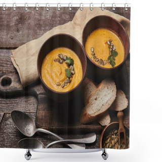 Personality  Close-up View Of Bowls With Tasty Healthy Pumpkin Soup On Wooden Cutting Board Shower Curtains