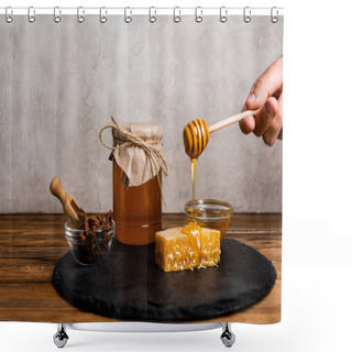 Personality  Cropped View Of Man With Wooden Dipper Near Honeycomb, Jar And Bowls With Honey And Anise Seeds On Grey Marble Background Shower Curtains